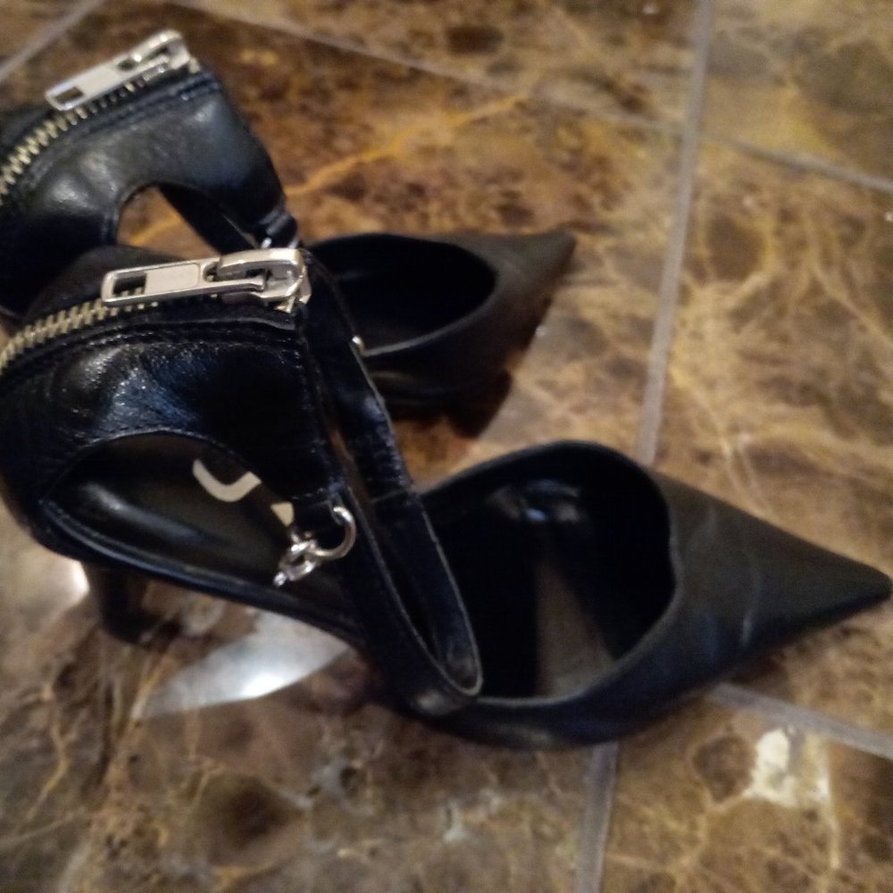 Black leather Sachi ankle strap heels